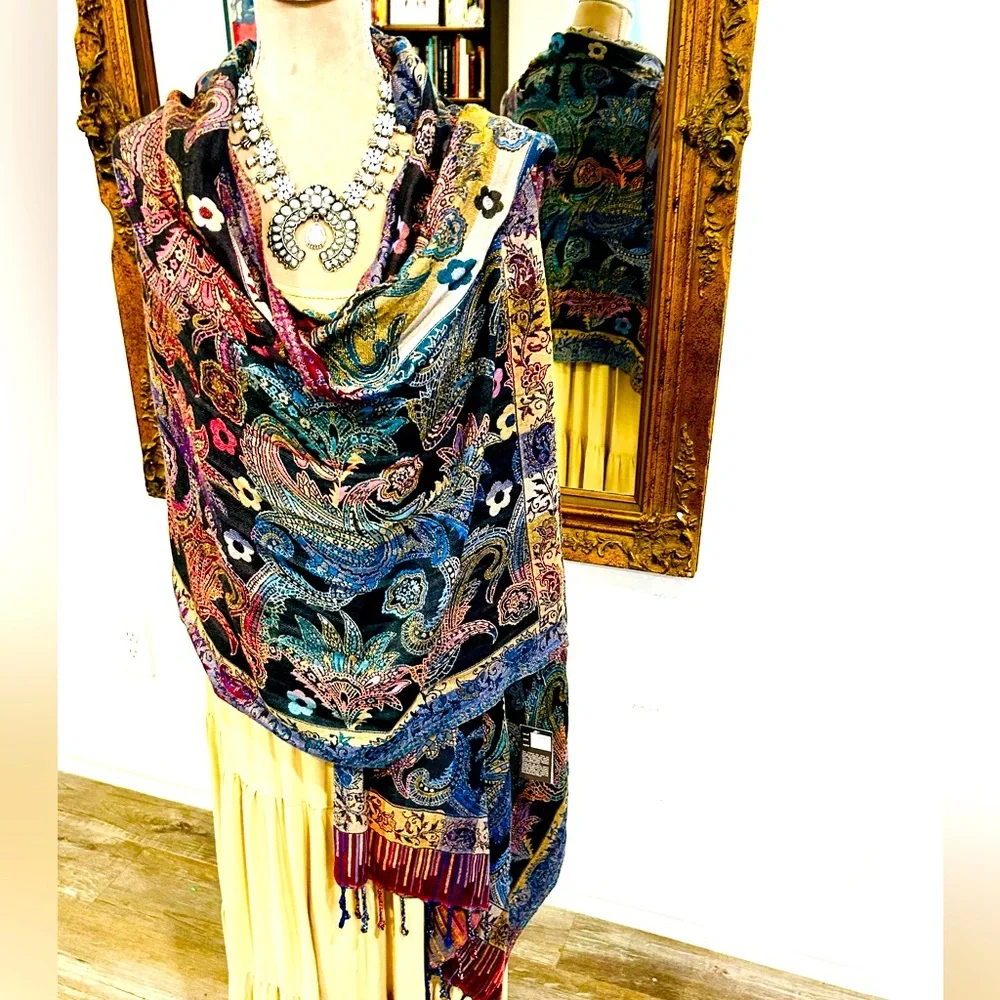 Southwestern Jewel Tone ANU Large Scarf Wrap Shawl Western Gypsy Witchy Boho NEW